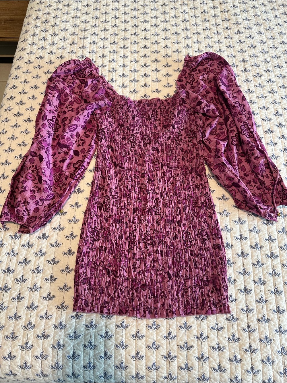 Free People Purple Floral Smocked Mini Dress with Puff Sleeves